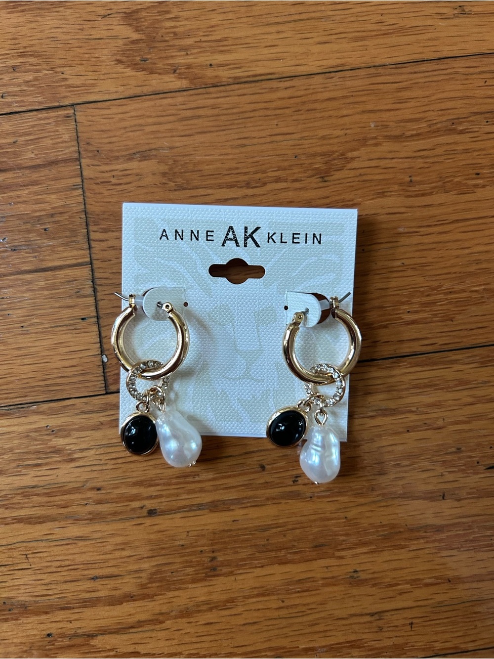 Anne Klein Gold-Tone Hoop Earrings with Black Cabochon and Pearl Drops